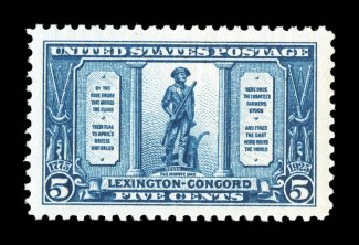 619, 5c Lexington-Concord, an impressively large-margined mint single, with enormously large margins all around and being extraordinarily well centered within these oversized
borders, strong rich color, o.g., n.h., extremely fine 2004 PSE certi