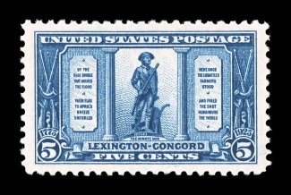 619, 5c Lexington-Concord, excellent centering within wide margins, strong rich color, o.g., n.h., extremely fine 2007 PSE certificate (XF-Superb 95 SMQ
$275.00).