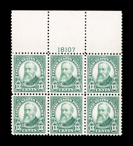 622, 13c Green, full top margin plate no. 18107 block of six, well centered and margined, strong rich color, o.g., n.h., choice very fine 2001 PF certificate.