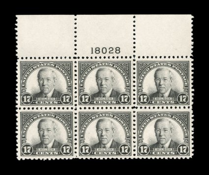 623, 17c Black, full top margin plate no. 18028 block of six, remarkably well centered, particularly intense color with clean highly detailed impression, o.g., n.h., extremely
fine.