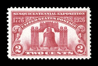 627, 2c Sesquicentennial Exposition, wonderfully well centered within wide margins, strong rich color, o.g., n.h., extremely fine gem 2007 PSE certificate (Superb 98 SMQ
$330.00).