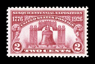 627, 2c Sesquicentennial Exposition, perfectly centered within extravagantly large margins, brilliantly fresh color, pristine o.g., n.h., extremely fine gem 2007 PSE certificate
(Superb 98 SMQ $330.00).
