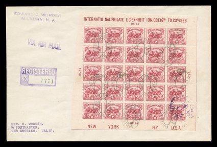 630, 2c White Plains souvenir sheet, tied to registered Edward C. Worden first day cover by White PlainN.Y. ovals, October 18, 1926 registry c.d.s. of White Plains on the
reverse, backstamped Los Angeles, the sheet is quite well centered, the