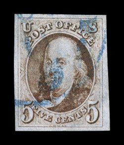 1, 5c Red brown, select used example, featuring four very large and well balanced margins, deep color and crisp impression, complemented by a neat portion of a blue town cancel,
extremely fine and quite choice 1982 APS and 2002 PF certificates.