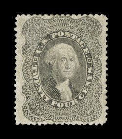 37, 24c Gray lilac, extraordinarily well centered within uncharacteristically large margins for this always poorly centered and tightly margined value, in fact the margins are so
wide that its perforations clear the design all around, bright fre