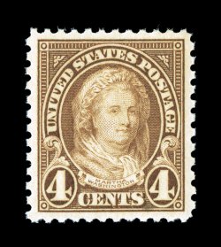 636, 4c Yellow brown, outstanding centering within large margins, rich bright color, o.g., n.h., extremely fine gem 2004 PSE certificate (Superb 98 SMQ $440.00) only one stamp
grades higher (98J).