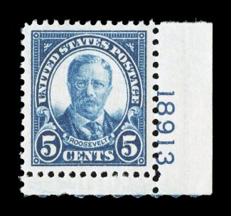 637, 5c Dark blue, an amazing bottom right corner margin plate no. 18913 single, being absolutely perfectly centered within incredibly large margins that are unheard of on
rotary press stamps, plus its color is deep and vibrant, while its impres