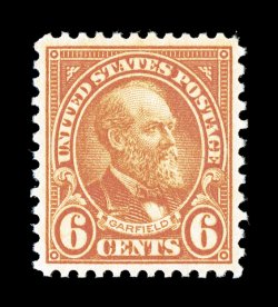 638, 6c Red orange, outstanding centering within large margins, deep vibrant color, immaculate o.g., n.h., an extremely fine gem 2007 PSE certificate (Superb 98 SMQ $440.00) the
highest grade given to this stamp by the PSE.