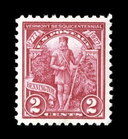 643, 2c Vermont Sesquicentennial, exceedingly well centered and margined, deep vibrant color, o.g., n.h., extremely fine gem 2007 PSE certificate (Superb 98 SMQ
$260.00).