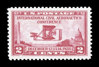 649, 2c Aeronautics Conference, beautifully centered within uncharacteristically large margins, rich color, o.g., n.h., an extremely fine gem 2007 PSE certificate (Superb 98 SMQ
$250.00) only one stamp grades higher (98J).
