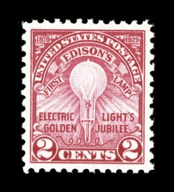 654, 2c Electric Light Jubilee, uncommonly large and precisely balanced margins all around, gorgeous vivid color and impression, o.g., n.h., extremely fine gem 2007 PSE
certificate (Superb 98 SMQ $210.00).