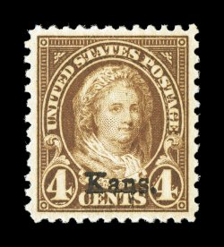 662, 4c Kans. ovpt., outstanding centering within large margins, deep intense color and impression, o.g., n.h., an extremely fine gem 2007 PSE certificate (XF-Superb 95 SMQ
$450.00).