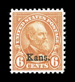 664, 6c Kans. ovpt., exceedingly well centered and margined, bright fresh color on clean white paper, o.g., n.h., extremely fine 2007 PSE certificate (XF-Superb 95 SMQ
$670.00).