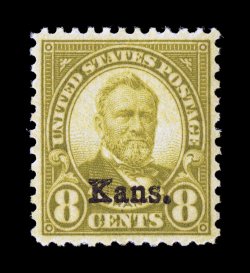 666, 8c Kans. ovpt., outstanding centering within large margins, sumptuously rich color and a strong impression, o.g., n.h., extremely fine gem 2007 PSE certificate (XF-Superb
95 SMQ $1,050.00).