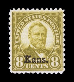666, 8c Kans. ovpt., well centered within unusually large margins, strong color, o.g., n.h., extremely fine 2007 PSE certificate (XF 90 SMQ $385.00).