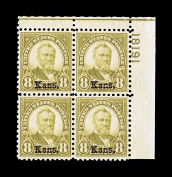 666, 8c Kans. ovpt., a marvelous top right margin plate no. 18191 block of six, incredibly well centered, rich luxuriant color, fresh and crisp, o.g., n.h., extremely fine a
rare plate block in this outstanding quality 2000 PF certificate.