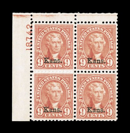 667, 9c Kans. ovpt., handsome top left margin plate no. 18742 block of four, exceptionally well centered, strong rich color, o.g., n.h., extremely fine.