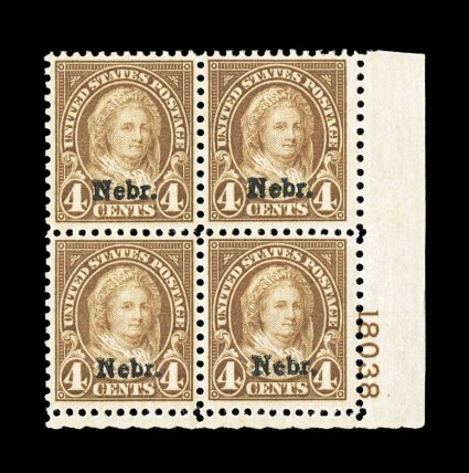 673, 4c Nebr. ovpt., bottom right corner margin plate no. 18038 block of four, incredibly fresh, with eye-arresting luxuriant color, uncharacteristically well centered, o.g.,
n.h., extremely fine seldom seen in this gem quality.