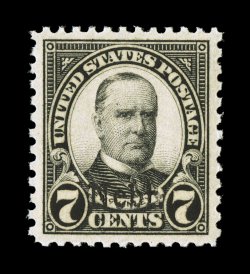 676, 7c Nebr. ovpt., a spectacular mint single, boasting extravagantly large margins which are almost never encountered on stamps of this series, perfectly centered as well,
deep prooflike color and an especially intense impression on bright w