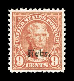 678, 9c Nebr. ovpt., an incomparable mint example that is the epitome of perfection, with mathematically precise centering amid much larger margins than normally found, gorgeous
bright color and a crisp detailed impression on especially fresh