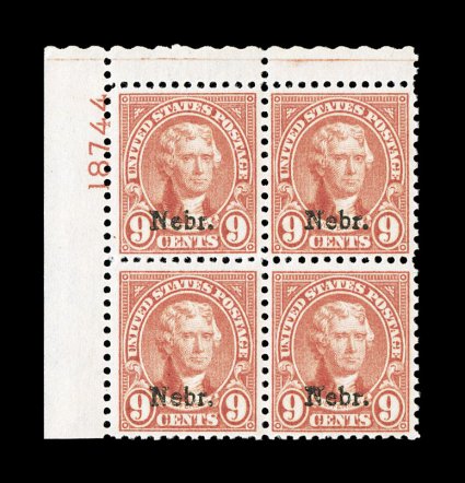 678, 9c Nebr., top left margin plate no. 18744 block of four, particularly bright and fresh, excellent centering, o.g., n.h., extremely fine a choice plate block 2000 PF
certificate.
