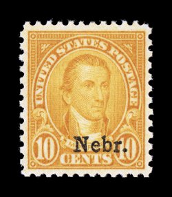 679, 10c Nebr. ovpt., deep intense color and impression, excellent centering within large margins, o.g., n.h., extremely fine 2007 PSE certificate (XF 90 SMQ
470.00).