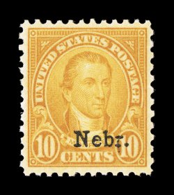 679, 10c Nebr. ovpt., incredibly deep intense color and impression, exceptionally well centered and margined, o.g., n.h., extremely fine 2007 PSE certificate (XF 90 SMQ
$470.00).