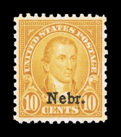 679, 10c Nebr. ovpt., unusually well centered and margined, vibrant color, o.g., n.h., extremely fine 1996 PF certificate and a 2006 PSE certificate (XF 90 SMQ
$470.00).