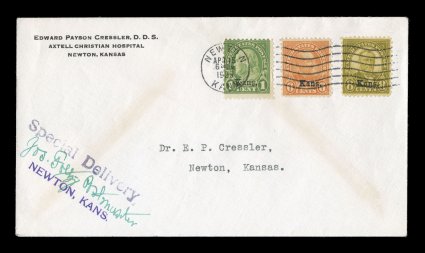 658, 664, 666, 1c, 6c and 8c Kans. ovpts., all tied to single combination Cressler cover by Newton, Kans.Apr 151929 duplex handstamp, this is the earliest known usage of any of
the the Kans. overprints, predating the official first d