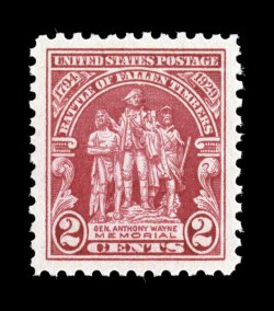 680, 2c Battle of Fallen Timbers, the perfect mint single, possessing mathematically precise centering within exceedingly large margins, lovely rich color and a strong
impression, o.g., n.h., simply superb 2007 PSE certificate (Gem 100 SMQ $