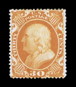38, 30c Orange, an outstanding mint example that is not only extraordinarily well centered, but brilliantly fresh as well, gorgeous intense color in a deep shade, without any
hint of oxidizing so often encountered on orange colored stamps, stron