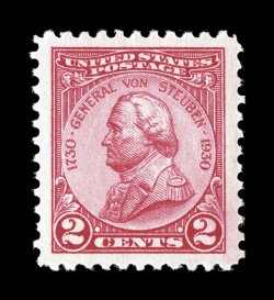 689, 2c Von Steuben, enormously large and marvelously well balanced margins all around, stunning deep intense color and impression, unblemished o.g., n.h., an extremely fine
large-margined gem 2007 PSE certificate (Superb 98 Jumbo SMQ $205.00