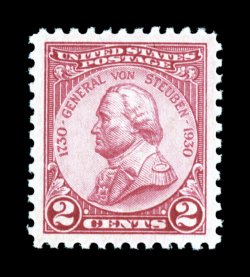 689, 2c Von Steuben, impeccably well centered within wide margins, gorgeous bright color, unblemished o.g., n.h., extremely fine gem 2007 PSE certificate (Superb 98 SMQ
$205.00).