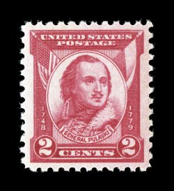 690, 2c Pulaski, precisely centered within wide margins, especially deep color and a vivid impression, o.g., n.h., extremely fine gem 2007 PSE certificate (Superb 98 SMQ
$170.00) only one stamp grades higher (100).
