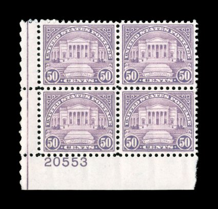 701, 50c Lilac, select quality bottom left corner plate no. 20553 block of four, exceptionally well centered, deep rich color on bright paper, pristine o.g., n.h., extremely
fine.