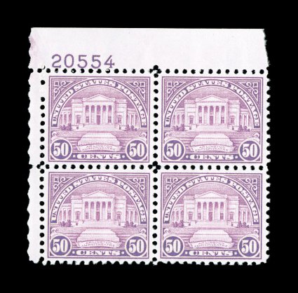 701, 50c Lilac, top left margin plate no. 20554 block of four, extraordinarily well centered, deep luxuriant color on fresh paper, o.g., n.h., extremely fine.