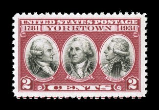 703b, 2c Yorktown, dark lake and black error of color, position 24, an incredibly fresh and choice example of this very scarce error, possessing marvelous centering within
uncharacteristically large margins, unlike the vast majority which are ce