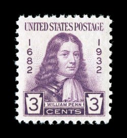 724, 3c William Penn, perfectly centered within large margins, wonderfully bright and fresh, o.g., n.h., extremely fine gem 2007 PSE certificate (Superb 98 SMQ
$150.00).