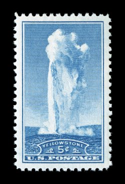 744, 5c Yellowstone absolutely perfect centering within very large margins, bright fresh color on clean white paper, pristine o.g., n.h., superb 2007 PSE certificate (Gem 100
SMQ $880.00) the highest grade the PSE has awarded this stamp, be