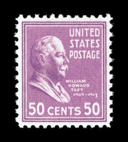 809, 811, 813, 815, 820, 823, 831, 4 12c-50c Presidentials, seven different values, all are exceedingly well centered and fresh, o.g., n.h., extremely fine each is accompanied
by a 2006 PSE certificate grading Superb 98 (total SMQ $1,435.00).