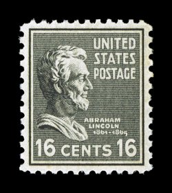 821, 16c Black, perfectly centered within uncommonly large margins for this series, strong color, o.g., n.h., superb 2006 PSE certificate (Gem 100 SMQ $840.00) this is the
highest grade given to any Presidential stamp.
