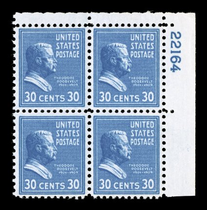830b, 30c Deep blue, top right corner plate no. 22164 block of four, exceptionally well centered, strong color in this scarce and distinctive shade, o.g., n.h., extremely fine
2002 APS certificate not priced as a plate block, cataloged simply