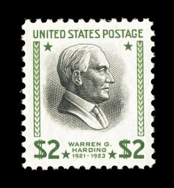 833, $2.00 Yellow green and black, outstanding centering within rather large margins, uncharacteristically bright and fresh, o.g., n.h., extremely fine gem 2006 PSE certificate
(Superb 98 SMQ $280.00).