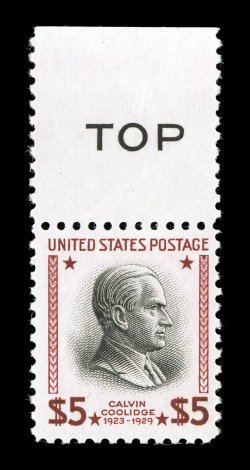 834a, $5.00 Red brown and black error of color, an impressive example of this rare color error, being a pristine TOP sheet-margin copy, brilliantly rich color, well centered,
o.g., n.h., minor natural gum skips, very fine signed in pencil by