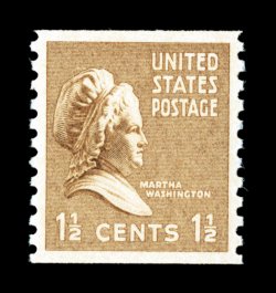 840, 1 12c Bister brown coil, an outstanding mint single, perfectly centered within large margins, bright and fresh, o.g., n.h., superb 2007 PSE certificate (Gem 100 singles are
not priced in SMQ) the highest grade the PSE has given to any