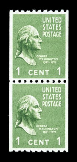 848, 1c Green coil, gem mint pair, precisely centered, strong rich color, o.g., n.h., superb 2007 PSE certificate (Gem 100 SMQ $400.00) one of only two pairs to receive this
prestigious grade, the highest for any 848 (the other being the