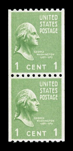 848, 1c Green coil, offered here is the other mint pair to grade Gem 100, flawlessly centered, bright and fresh, o.g., n.h., superb 2007 PSE certificate (Gem 100 SMQ $400.00):
the highest grade the PSE has given this stamp, with this and the