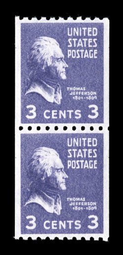 851, 3c Deep violet coil, a magnificent mint pair, perfectly centered within large margins, deep intense color, flawless o.g., n.h., superb 2007 PSE certificate (Gem 100 SMQ
$490.00) this is the sole example of 851 to be graded Gem 100, th