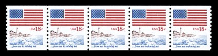 1891, 18c Flag and Anthem coil, the rare plate no. 6 in a strip of five, o.g., n.h., extremely fine a particularly select example of the most sought-after plate number coil
strip.