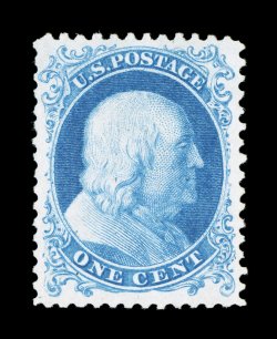 40, 1c Bright blue reprint, without gum as issued, well centered within uncommonly large margins, lovely powder blue color on bright white paper, choice very fine 1987 PF
certificate.